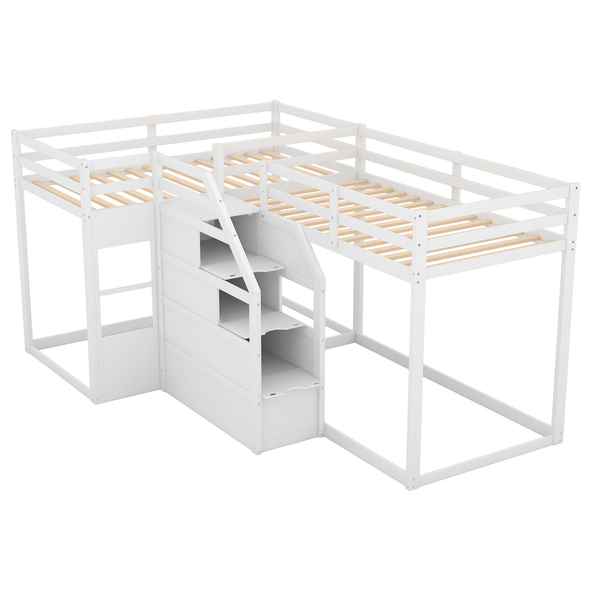 Twin over Twin L-Shaped Bunk Bed with Built-in Middle Staircase,White - Home Elegance USA