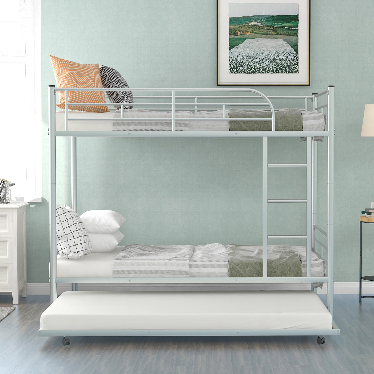 Twin-Over-Twin Metal Bunk Bed With Trundle,Can be Divided into two beds,No Box Spring needed ,White ( old sku: MF194806AAN ) - Home Elegance USA