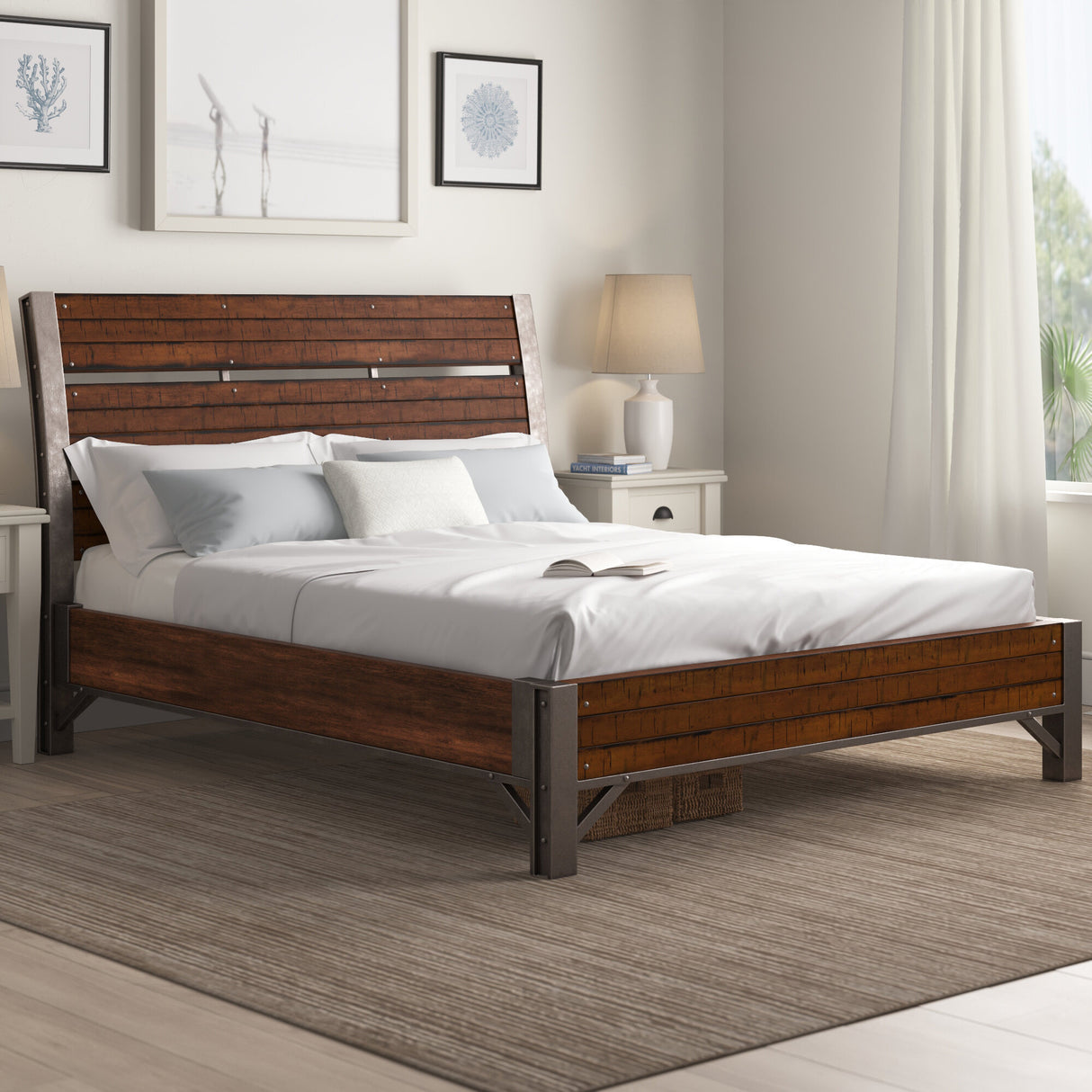 Rustic Brown and Gunmetal Finish 1pc Queen Size Platform Bed Industrial Design Horizontal Slats Bedroom Furniture - Home Elegance USA