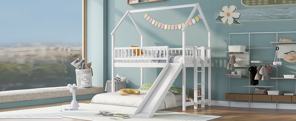 Twin over Full House Bunk Bed with Slide and Built-in Ladder, Full-Length Guardrail, White (Expected Arrival Time:8.10) - Home Elegance USA