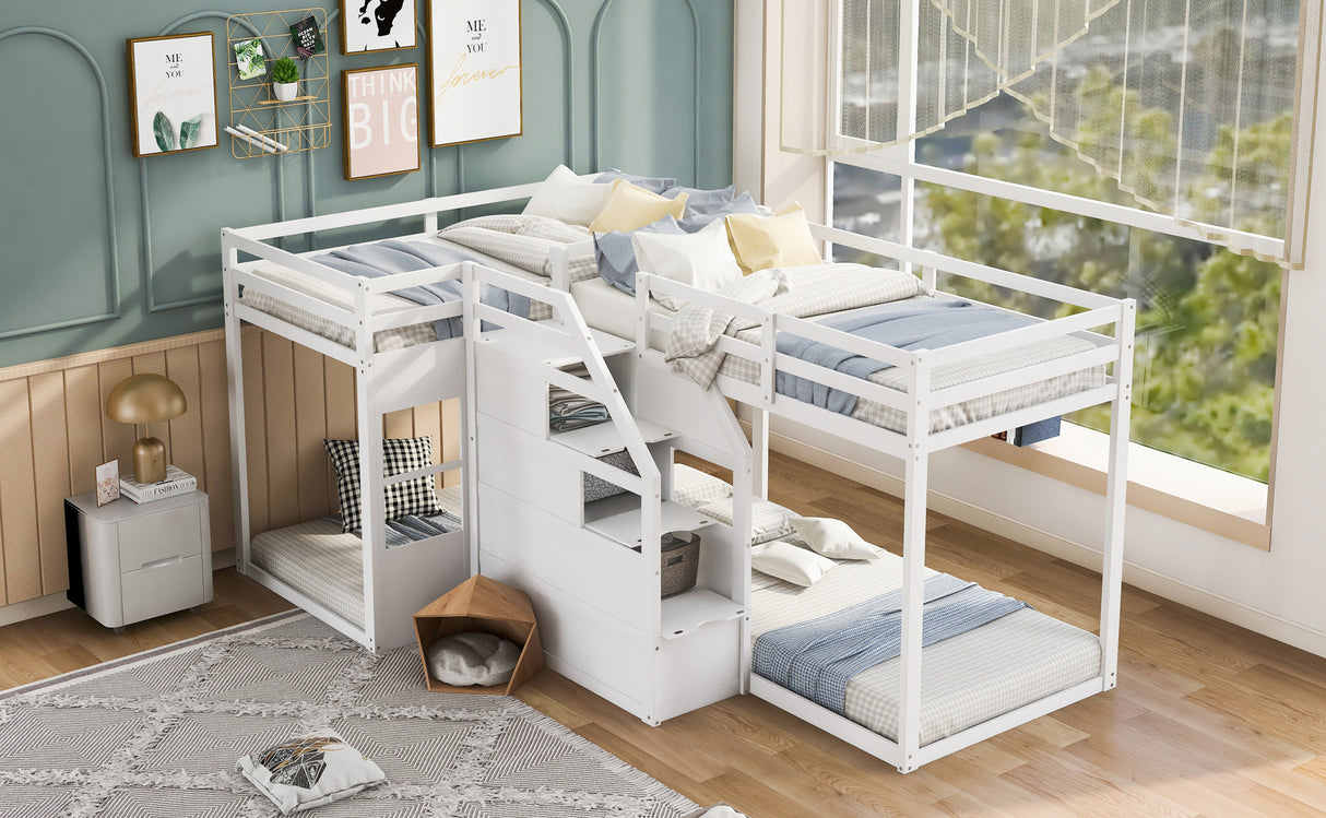 Twin over Twin L-Shaped Bunk Bed with Built-in Middle Staircase,White - Home Elegance USA