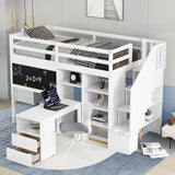 Twin Size Loft Bed with Pullable Desk and Storage Shelves,Staircase and Blackboard,White - Home Elegance USA