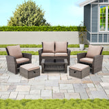6 Piece Patio Furniture Set Outdoor Sectional Sofa Conversation Sofa Set with All-Weather Rattan Wicker for Porch Lawn Garden(Khaki) - Home Elegance USA