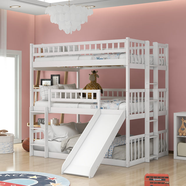 Full-Over-Full-Over-Full Triple Bed with Built-in Ladder and Slide , Triple Bunk Bed with Guardrails, White(OLD SKU :LP000052AAK) - Home Elegance USA