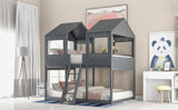 Full Over Full WoodBunk Bed with Roof, Window, Guardrail, Ladder (Gray)( old sku: LP000031AAN ) - Home Elegance USA