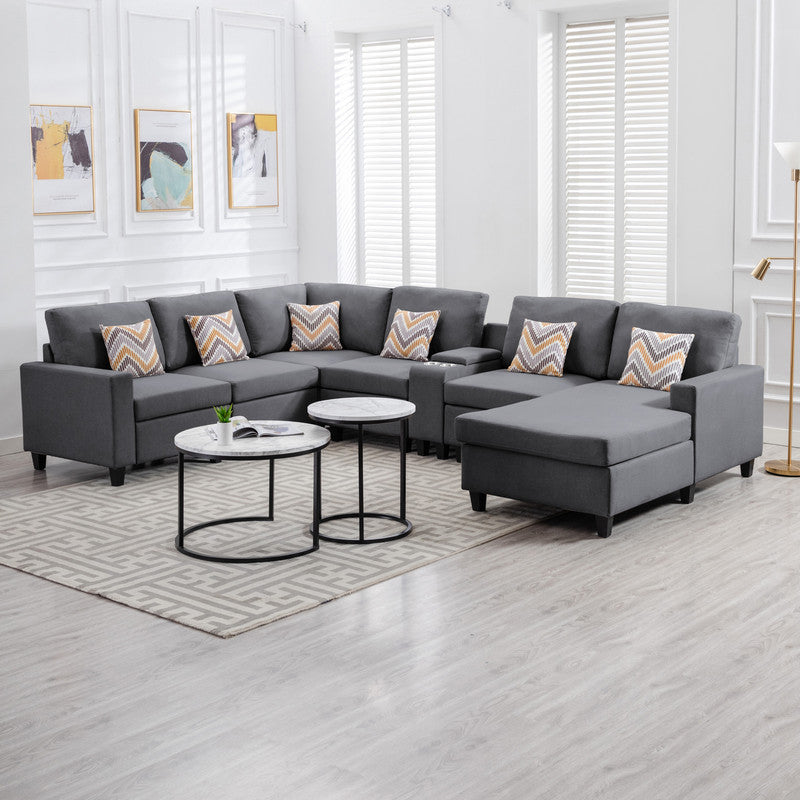 Nolan Gray Linen Fabric 7Pc Reversible Chaise Sectional Sofa with a USB, Charging Ports, Cupholders, Storage Console Table and Pillows and Interchangeable Legs - Home Elegance USA