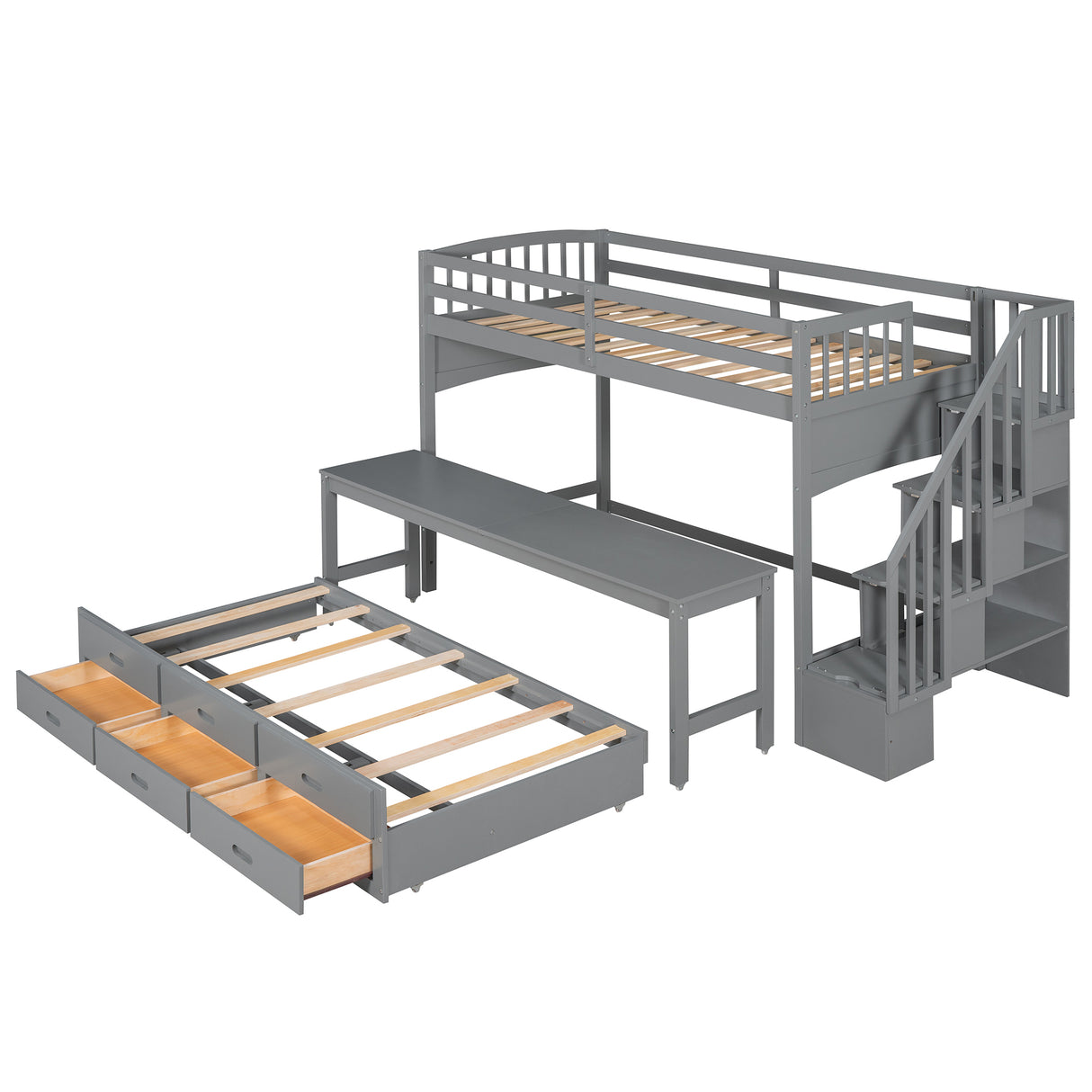 Stairway Twin XL Loft Bed with Twin Size Trundle and 3 Drawers, Storage, Desk, Gray - Home Elegance USA