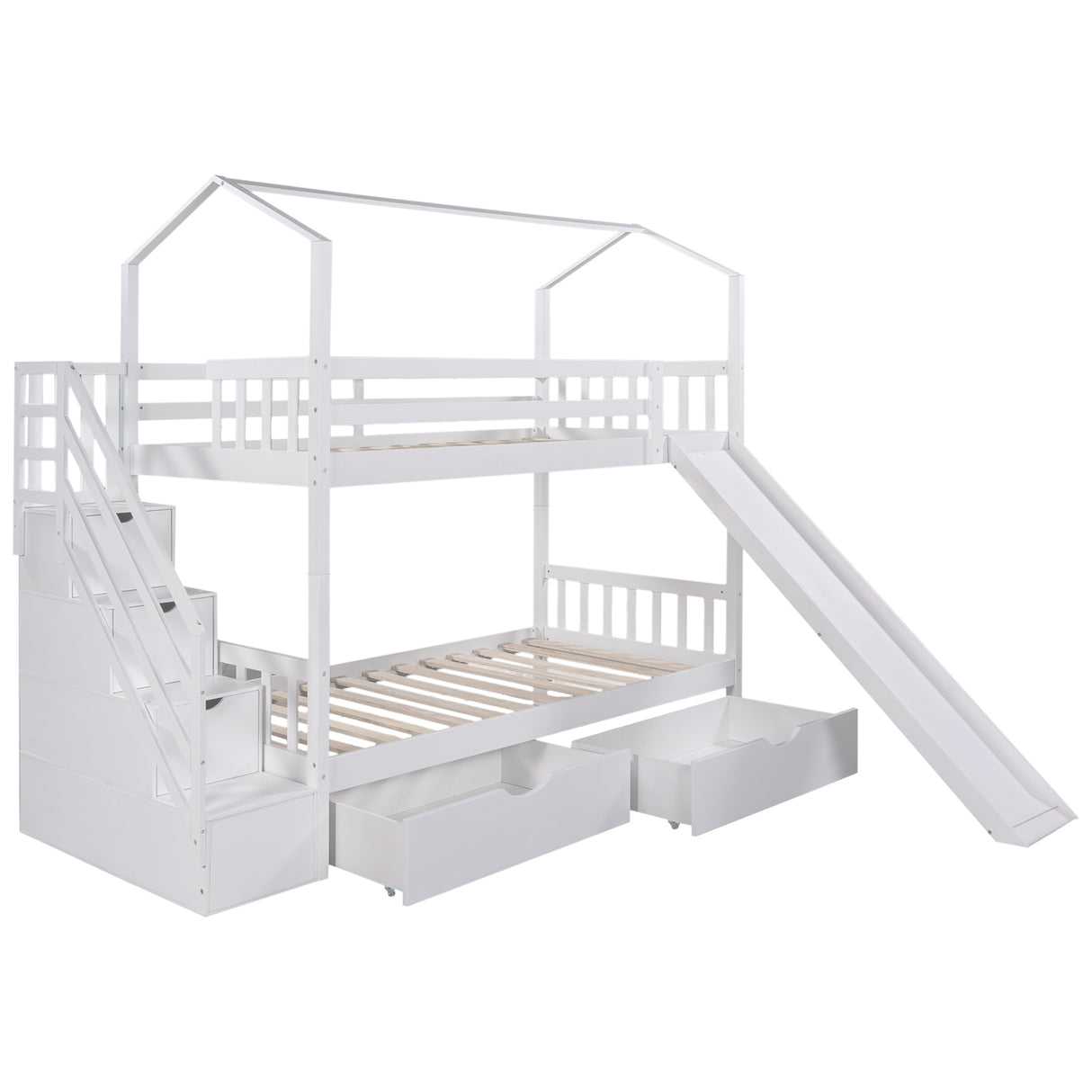 Twin over Twin House Bunk Bed with Two Drawers and Slide,Storage Staircase,White(OLD SKU:GX000906AAK) - Home Elegance USA