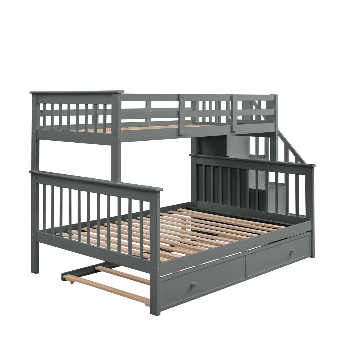 Stairway Twin-Over-Full Bunk Bed with Twin size Trundle, Storage and Guard Rail for Bedroom, Dorm, for Adults, Gray(OLD SKU :LP000119AAE) - Home Elegance USA