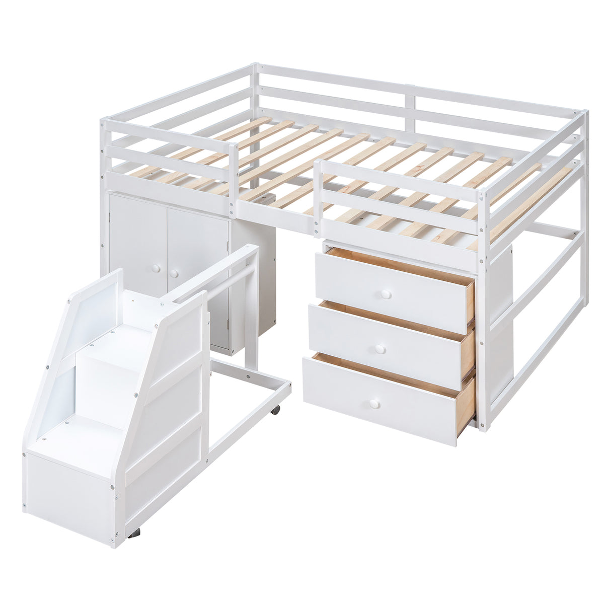 Full Size Functional Loft Bed with Cabinets and Drawers, Hanging Clothes at the back of the Staircase, White - Home Elegance USA