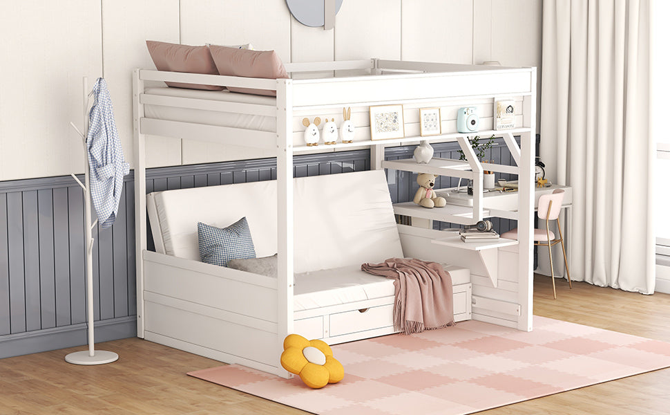 Wood Full Size Convertible Bunk Bed with Storage Staircase, Bedside Table, and 3 Drawers, White - Home Elegance USA