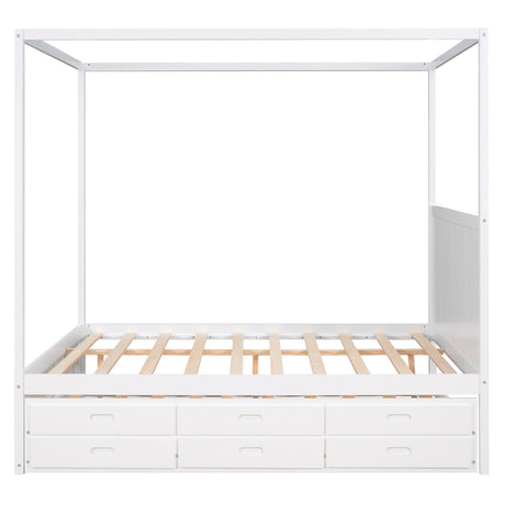 Queen Size Canopy Platform Bed with Twin Size Trundle and Three Storage Drawers,White - Home Elegance USA