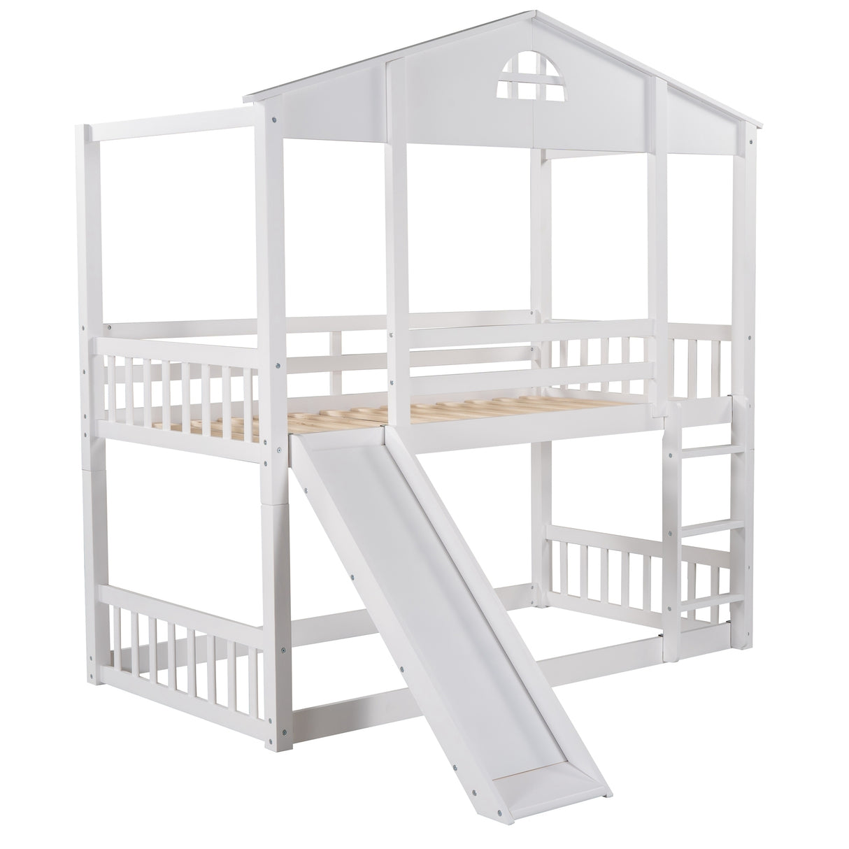 Twin over Twin House Bunk Bed with Convertible Slide and Ladder,Converts into 2 Separate Platform Beds,White - Home Elegance USA