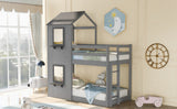 Twin Over Twin Bunk Bed Wood Bed with Roof, Window, Guardrail, Ladder (Gray) - Home Elegance USA