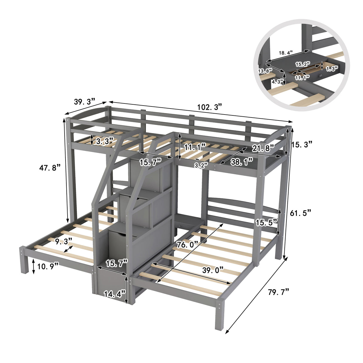 Twin over Twin & Twin Bunk Bed with Built-in Staircase and Storage Drawer,Gray Home Elegance USA