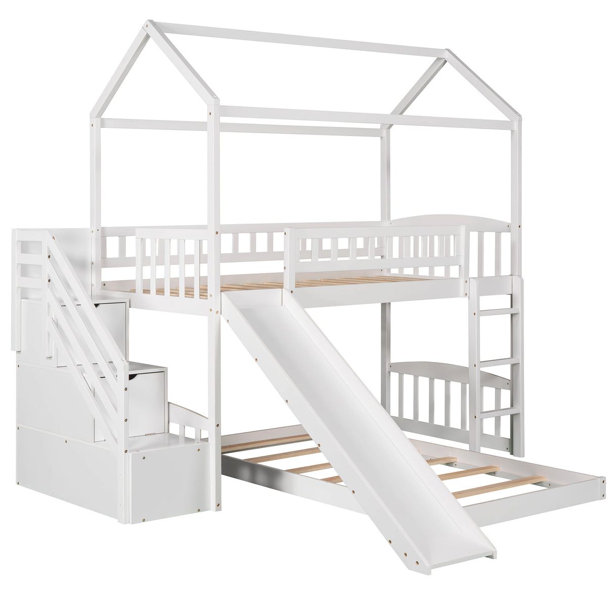 Twin Over Twin Bunk Bed with Two Drawers and Slide, House Bed with Slide, White(OLD SKU :LP000129AAK) - Home Elegance USA