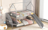 Twin over Twin Metal Bunk Bed House Bed with Slide and Staircase, Silver - Home Elegance USA