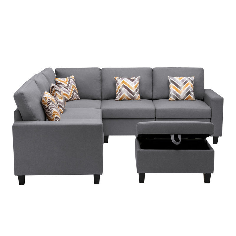 Nolan Gray Linen Fabric 6Pc Reversible Sectional Sofa with Pillows, Storage Ottoman, and Interchangeable Legs - Home Elegance USA