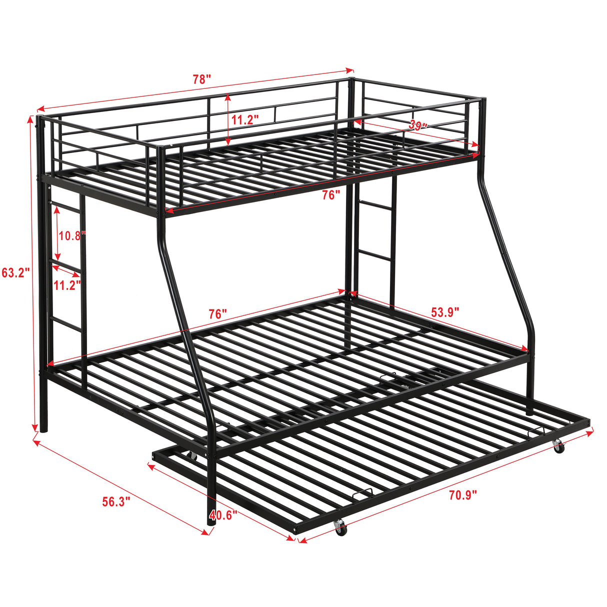 Twin over Full Bed with Sturdy Steel Frame, Bunk Bed with Twin Size Trundle, Two-Side Ladders, Black - Home Elegance USA