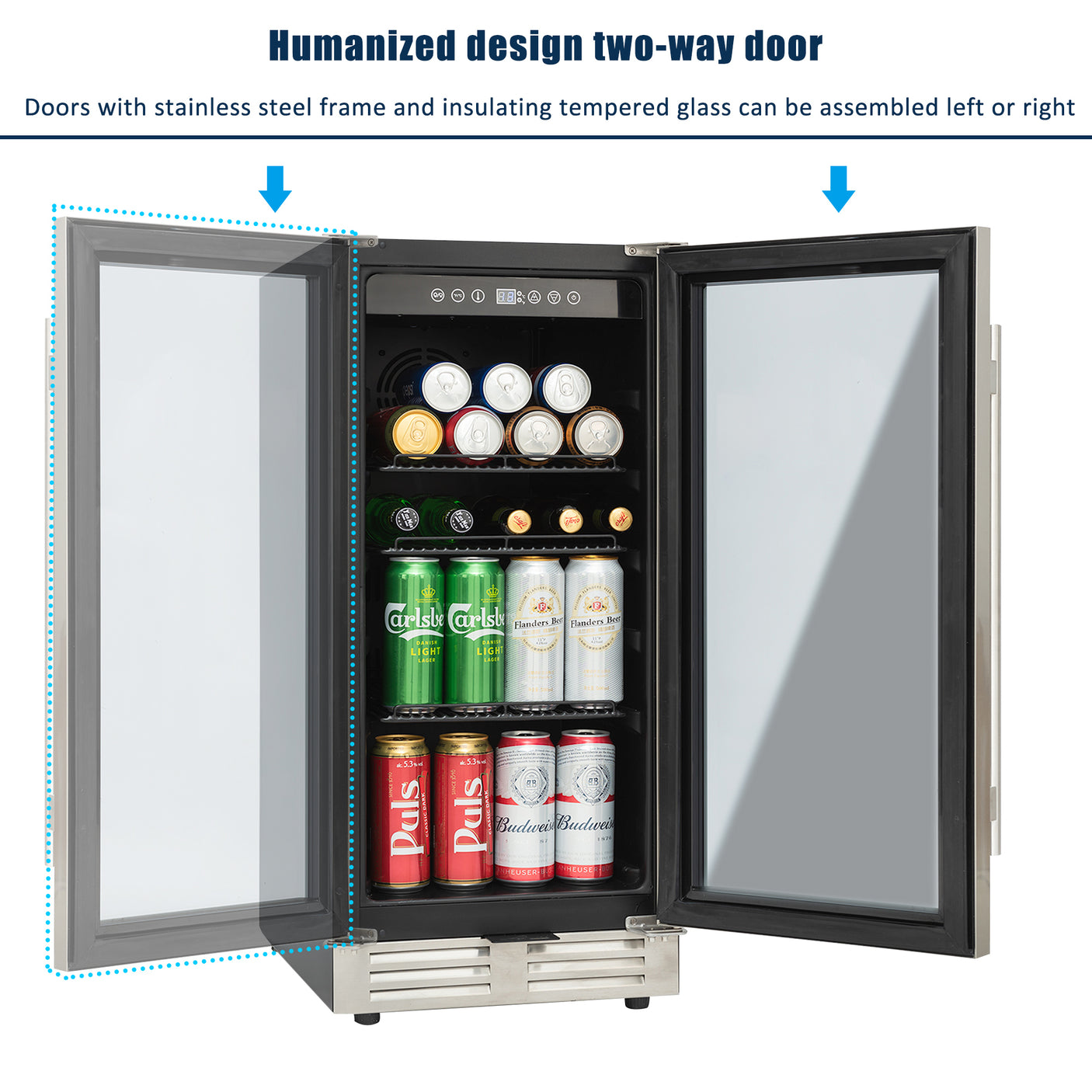 Built-in and Freestanding 15" Mini Beverage Refrigerator/Wine Cabinet, 120 Cans, 34-65°F, Quiet, Adjustable Shelves, LED Lighting, ETL , Touch Controls, Defrost, Double Glass Door, Kitchen/Bar /office