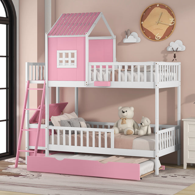 Twin over Twin Bunk Bed with Twin Size Trundle , Farmhouse Bed with Storage Box and Drawer - Pink - Home Elegance USA