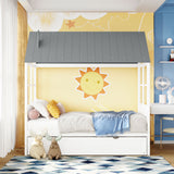 Twin Size Wood House Bed With Twin Size Trundle, Wooden Daybed, White+Gray