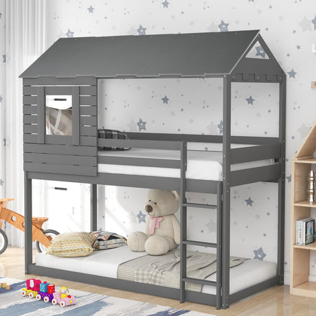 Twin Over Twin Bunk Bed Wood Loft Bed with Roof, Window, Guardrail, Ladder (Gray) (OLD SKU :LP000062AAE) - Home Elegance USA
