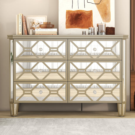 Elegant Mirrored 6-Drawer Dresser with Golden Lines Storage Cabinet for Living Room, Hallway, Entryway - Home Elegance USA