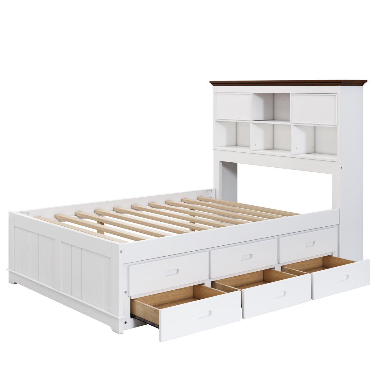 Solid Pine Captain Bookcase Bed with Trundle Bed and 3 Spacious Under Bed Drawers in Casual,Full, White+Walnut - Home Elegance USA