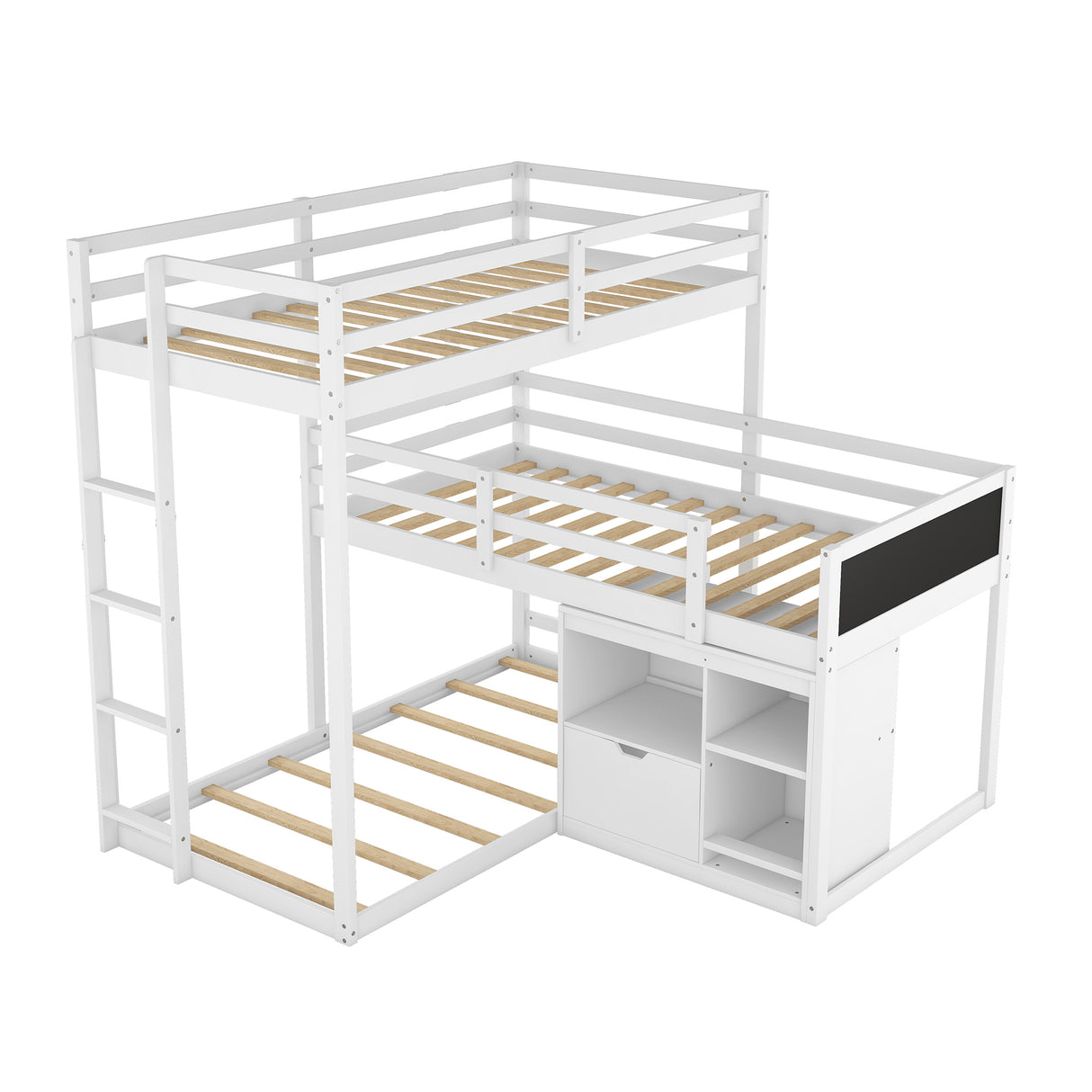 L-shaped Wood Triple Twin Size Bunk Bed with Storage Cabinet and Blackboard, Ladder, White - Home Elegance USA