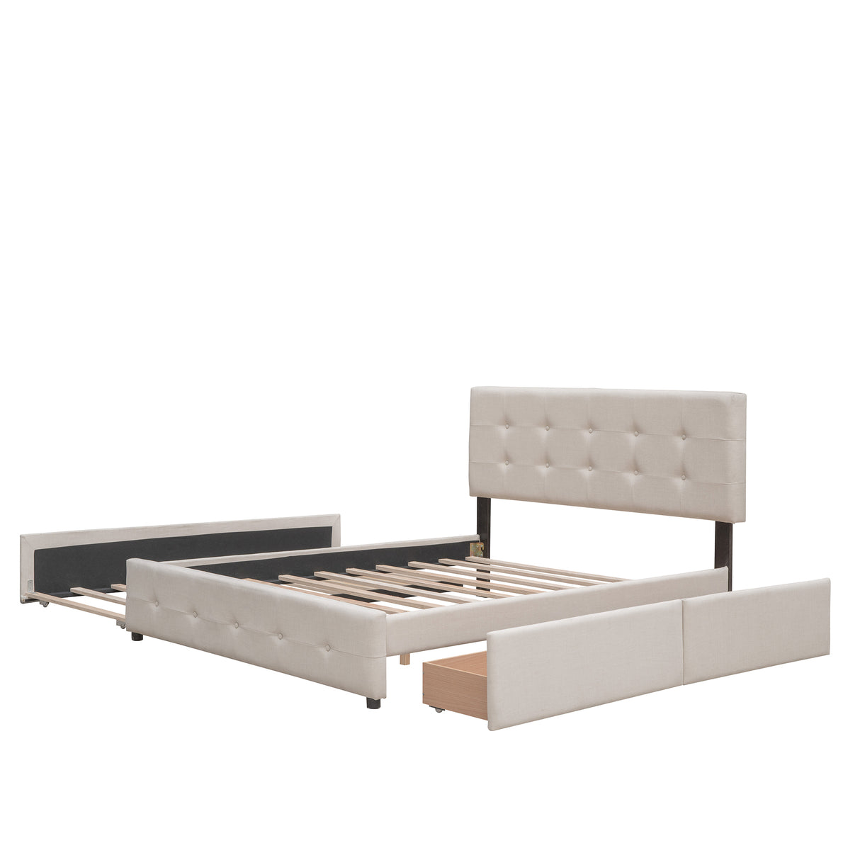 Upholstered Platform Bed with 2 Drawers and 1 Twin XL Trundle,  Linen Fabric, Queen Size - Dark Beige(OLD SKU :LP000314AAA)