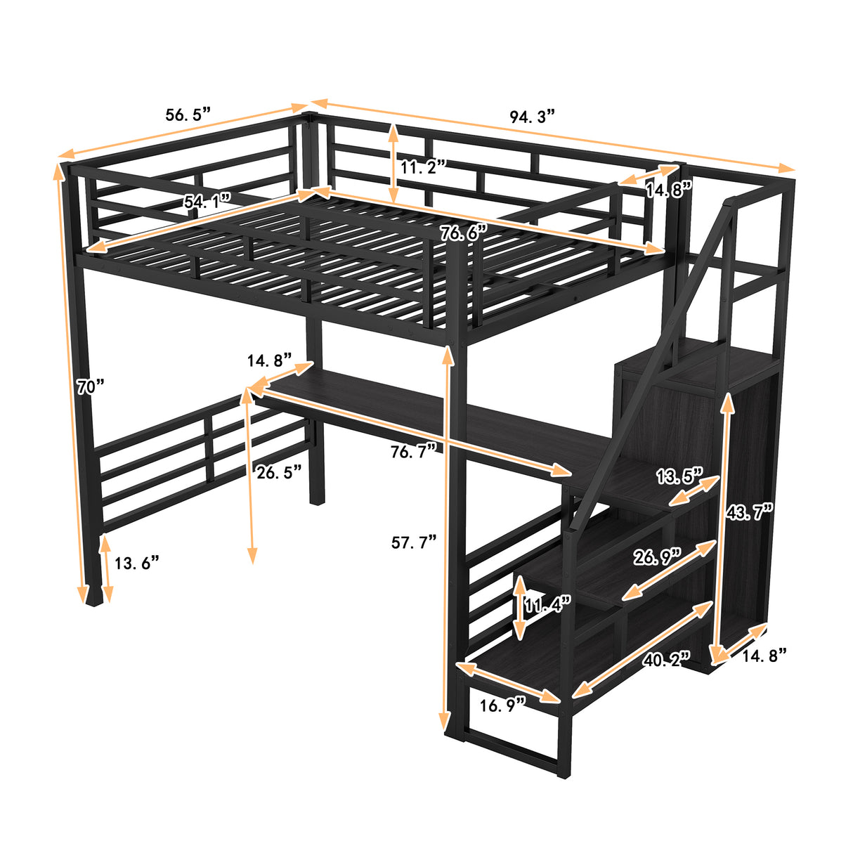 Full Size Metal Loft Bed with Desk, Storage Staircase and Small Wardrobe, Storage stairs can be installed left and right,Black - Home Elegance USA