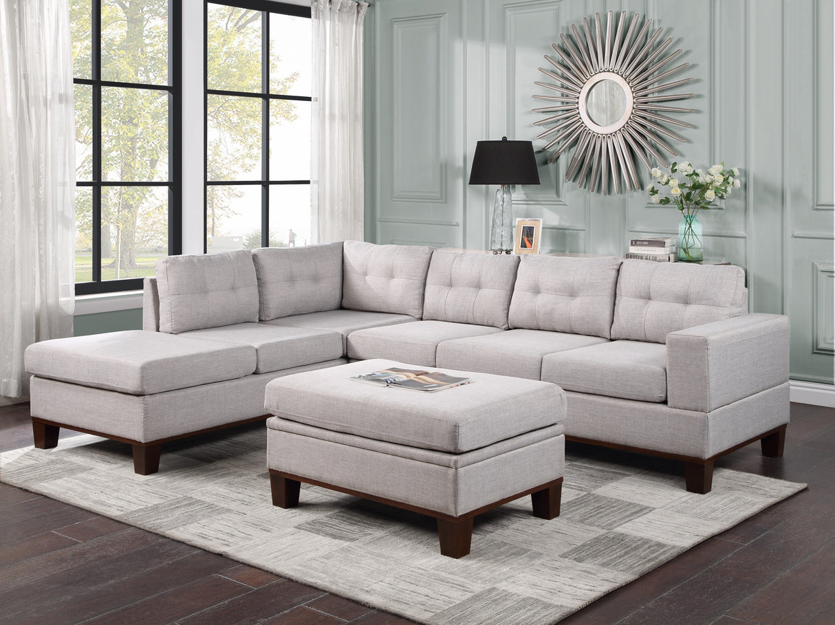 Hilo Light Gray Fabric Reversible Sectional Sofa with Dropdown Armrest, Cupholder, and Storage Ottoman - Home Elegance USA