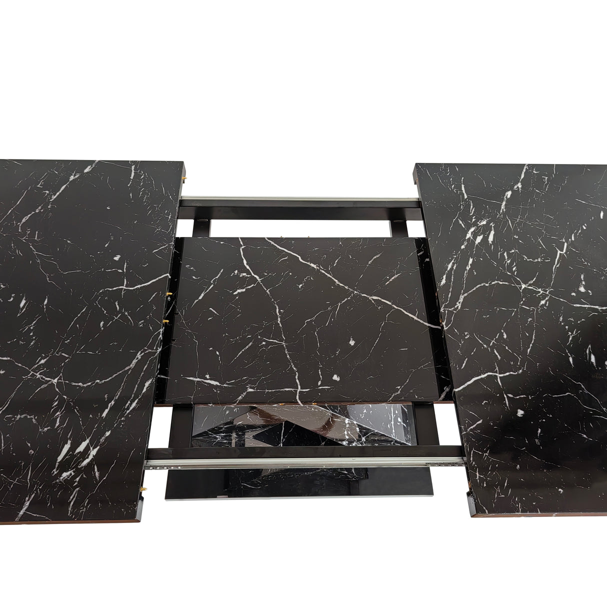 Modern Square Dining Table,Stretchable,Printed Black Marble Table Top+MDF X-Shape Table Leg with Metal Base - Home Elegance USA