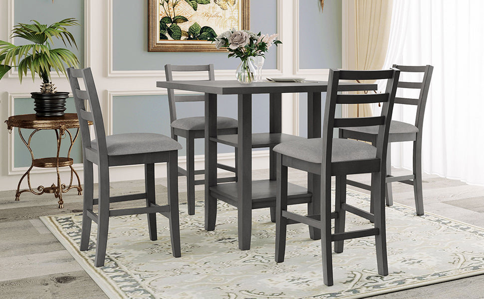 TREXM 5-Piece Wooden Counter Height Dining Set with Padded Chairs and Storage Shelving (Gray) - Home Elegance USA