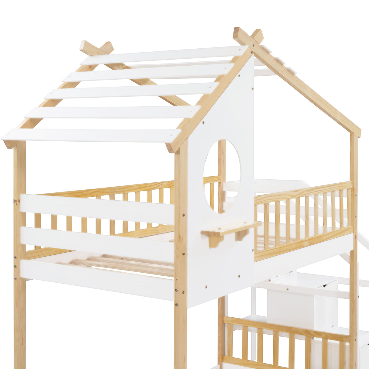 Stairway Twin-Over-Twin Bunk Bed,House Bed,Storage and Guard Rail,Natural Bed +White Stair - Home Elegance USA