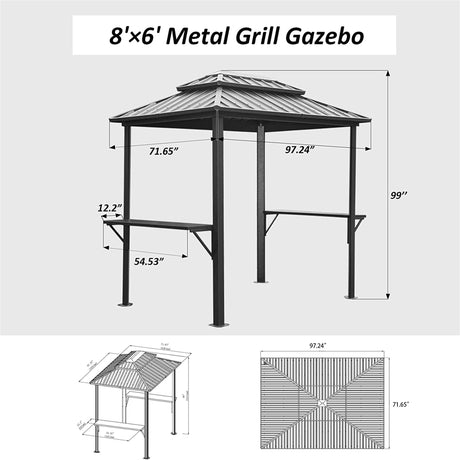 8' × 6' Grill Gazebo | Aluminum BBQ Metal Frame with Shelves & Serving Tables | Permanent Double Roof Hardtop for Patio, Lawn & Backyard – Grey