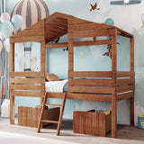 Twin Size Low Loft Wood House Bed with Two Drawers, Walnut - Home Elegance USA