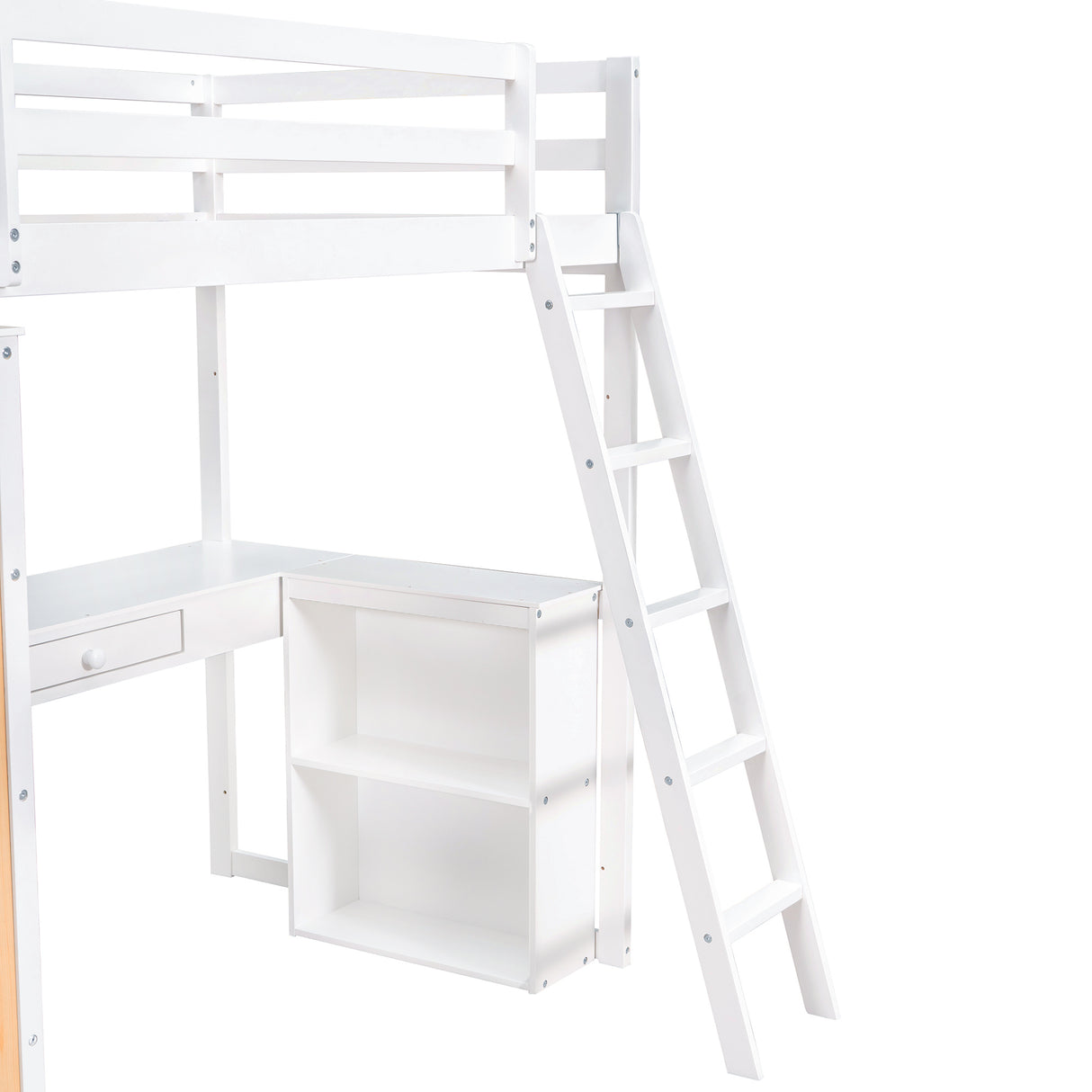 Twin Size Loft Bed with Ladder, Shelves, and Desk, White - Home Elegance USA