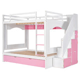 Full Over Full Bunk Bed with Trundle ,Stairs,Ladders Solid Wood Bunk bed with Storage Cabinet （White + Pink） - Home Elegance USA