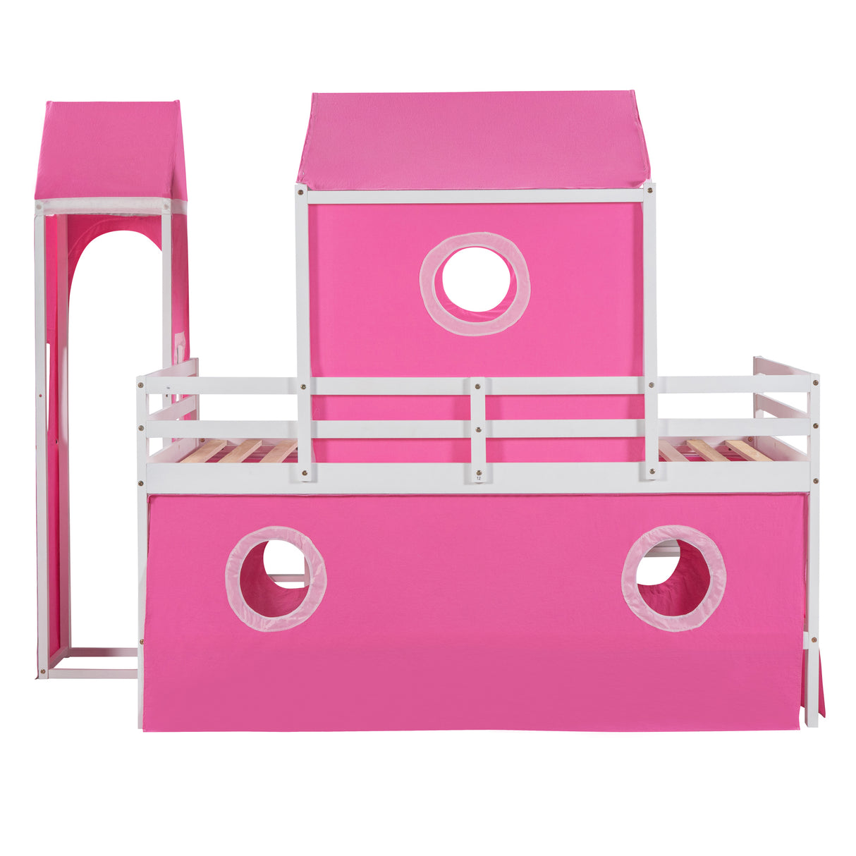 Twin Size Bunk Bed with Slide Pink Tent and Tower - Pink - Home Elegance USA