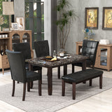 6-piece Faux Marble Dining Table Set  with one Faux Marble Dining Table ,4 Chairs and 1 Bench, Table: 66”x38”x 30”,Chair: 20.2”x28.5”x39”, Black - Home Elegance USA