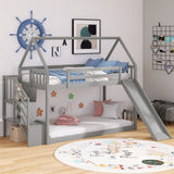 Twin over Twin House Bunk Bed with Slide and Storage Staircase,Grey - Home Elegance USA