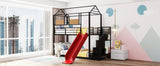 Twin Over Twin Metal Bunk Bed ,Metal Housebed with Slide and Storage Stair,Black with Red Slide(OLD SKU:LP000195AAJ) - Home Elegance USA