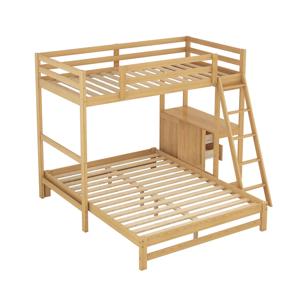 Twin over Full Bunk Bed with Built-in Desk and Three Drawers,Natural - Home Elegance USA