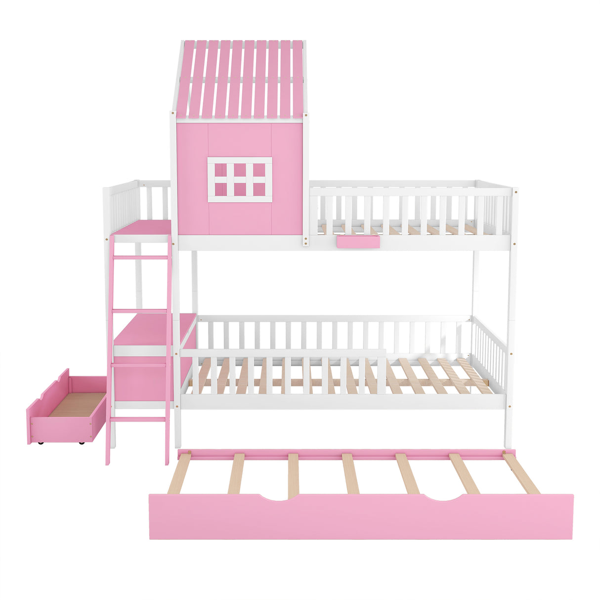 Full over Full Bunk Bed with Twin Size Trundle , Farmhouse Bed with Storage Box and Drawer - Pink - Home Elegance USA