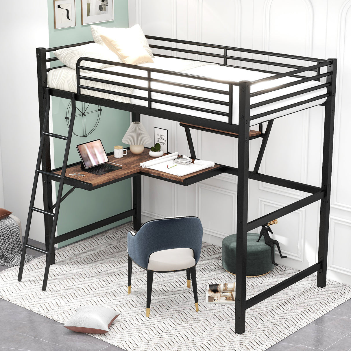 Twin Size Loft Metal&MDF Bed with Desk and Shelf, Black (Old SKU:SM001105AAB-1) - Home Elegance USA