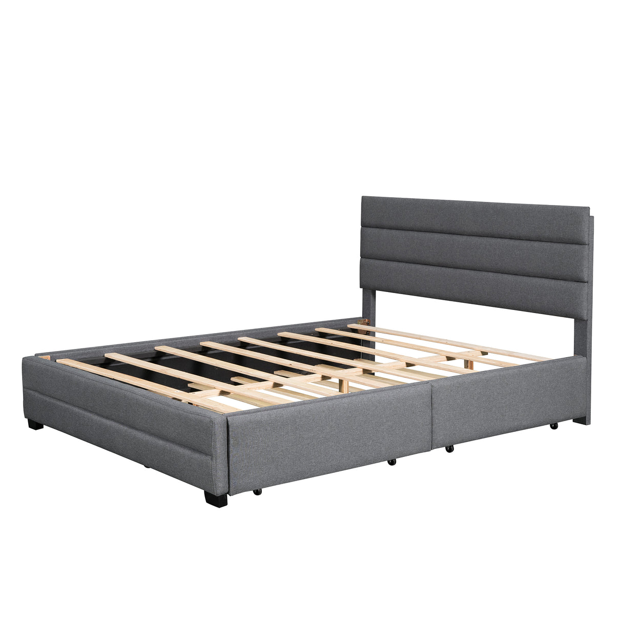 Queen Upholstered Platform Bed with Twin Size Trundle and Two Drawers,Grey - Home Elegance USA