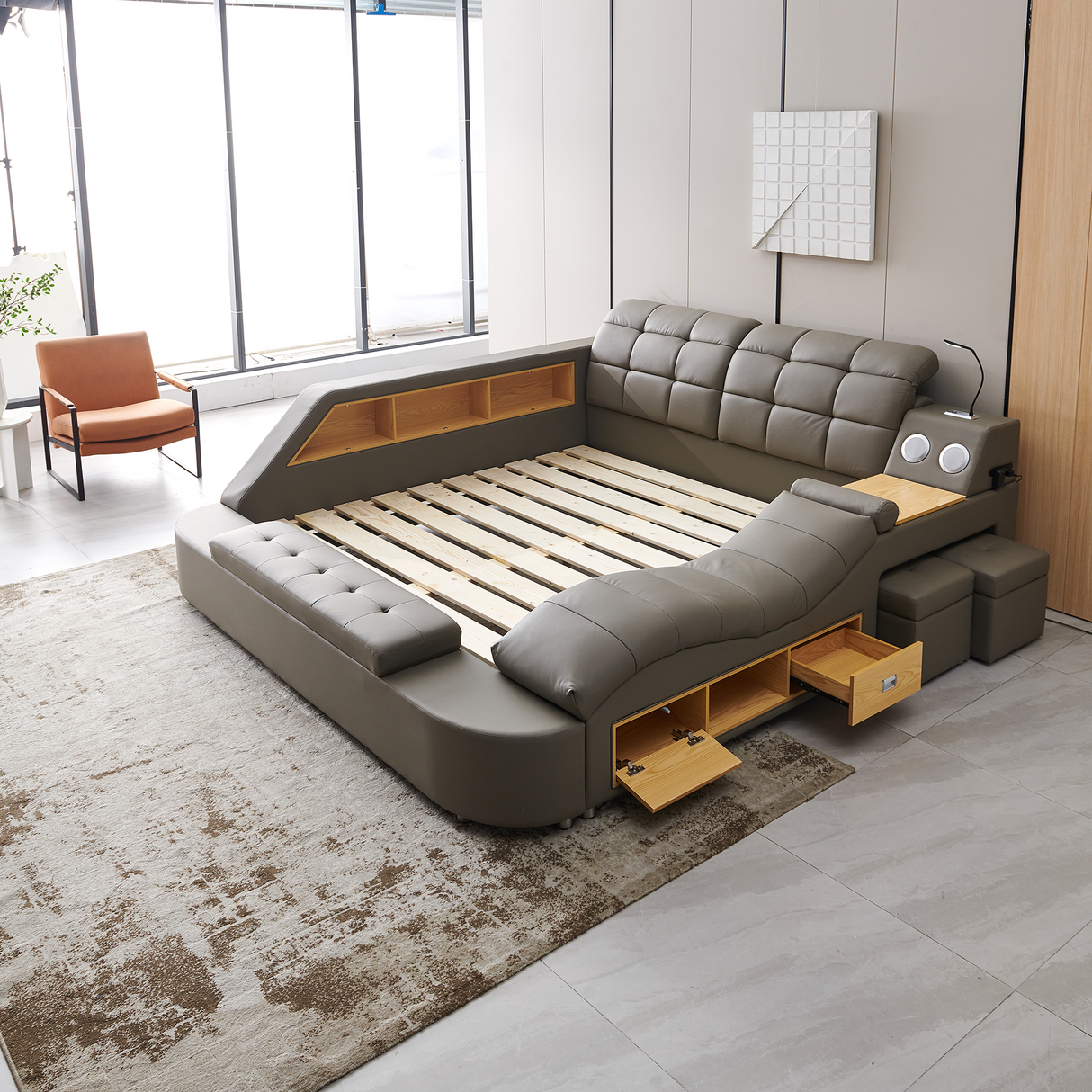 Multifunctional Upholstered Storage Bed Frame, Massage Chaise Lounge on Right ,King Size, Grey - Home Elegance USA