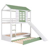 Twin over Twin Size House Bunk Bed with Convertible Slide and Trundle, White+Green - Home Elegance USA